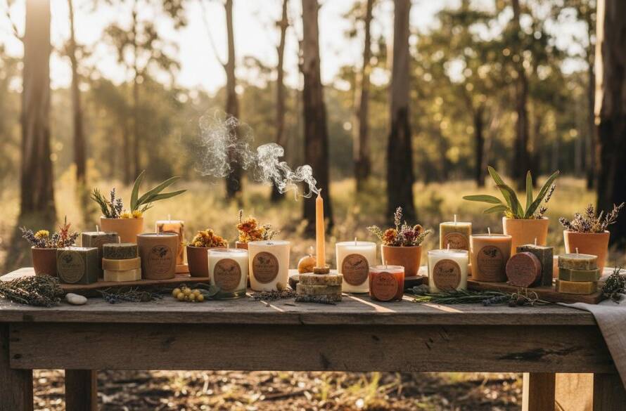 A beautifully composed wide shot showcasing a range of artisan ceramic products, bathed in the soft, golden light of a late afternoon sun streaming through tall eucalyptus trees in a tranquil Park Orchards setting, emphasizing their texture and form; an example of premium bespoke product photography Park Orchards.