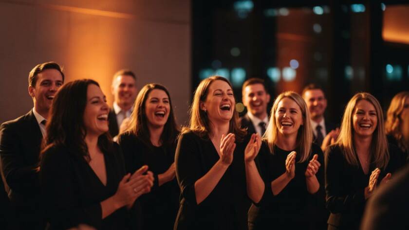 An emotionally charged, candid moment captured by premium Box Hill event photography, showing guests erupting in genuine laughter at a beautifully lit indoor event, symbolizing authentic joy and lasting memories.