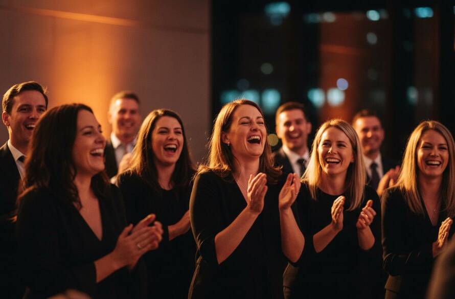An emotionally charged, candid moment captured by premium Box Hill event photography, showing guests erupting in genuine laughter at a beautifully lit indoor event, symbolizing authentic joy and lasting memories.