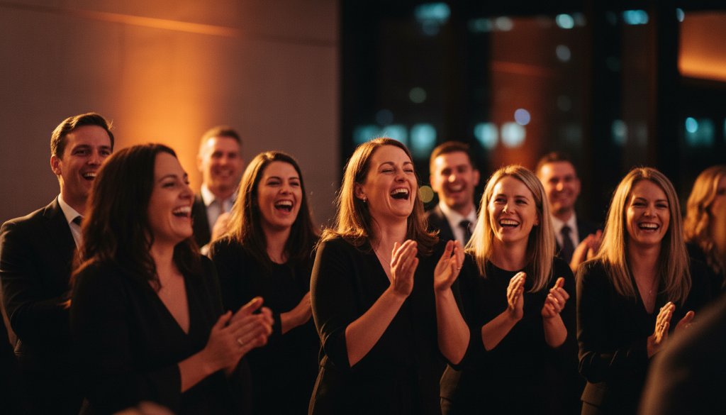 An emotionally charged, candid moment captured by premium Box Hill event photography, showing guests erupting in genuine laughter at a beautifully lit indoor event, symbolizing authentic joy and lasting memories.