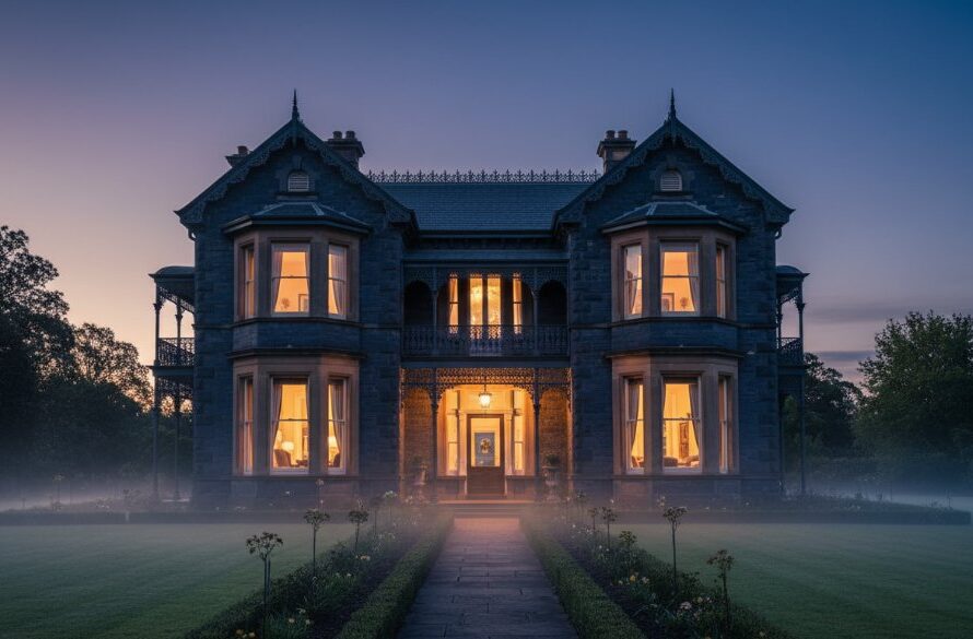 A breathtaking, cinematic photograph of a grand, historic Buninyong Victorian-era heritage home at dusk, professionally illuminated to highlight architectural details, showcasing premium Buninyong heritage home real estate photography. The warm interior lights glow, contrasting with the twilight sky and lush, manicured gardens, creating an inviting and luxurious feel.