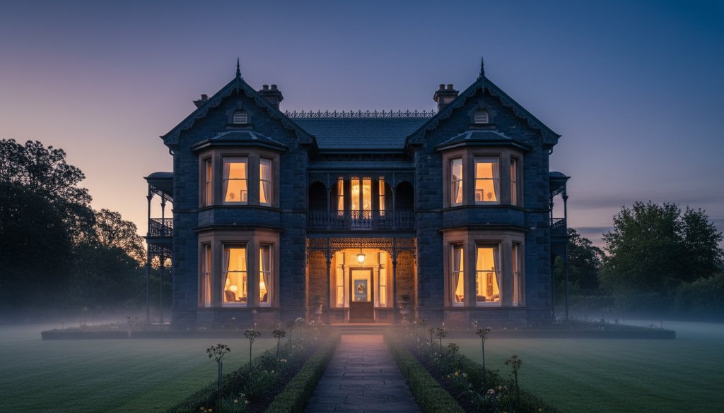 A breathtaking, cinematic photograph of a grand, historic Buninyong Victorian-era heritage home at dusk, professionally illuminated to highlight architectural details, showcasing premium Buninyong heritage home real estate photography. The warm interior lights glow, contrasting with the twilight sky and lush, manicured gardens, creating an inviting and luxurious feel.