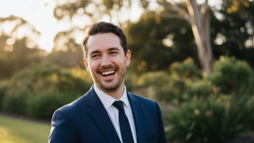 A confident male professional, mid-laugh, captured in a dynamic outdoor premium business headshots Burwood East Victoria session, with the vibrant greenery of a local park in the soft evening light, showcasing authentic personality.