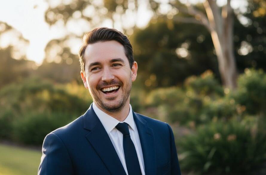 A confident male professional, mid-laugh, captured in a dynamic outdoor premium business headshots Burwood East Victoria session, with the vibrant greenery of a local park in the soft evening light, showcasing authentic personality.