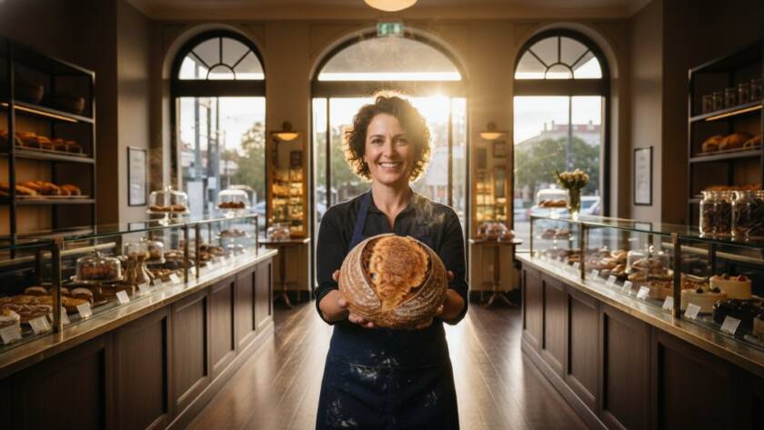An inspiring wide-angle shot capturing the essence of premium commercial branding photography in Armadale, showing a stylish small business owner proudly presenting their handcrafted product in a light-filled Armadale cafe, with dramatic backlighting highlighting the product's details and the owner's confident expression, evoking success and quality.