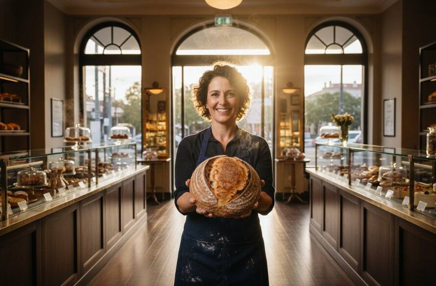An inspiring wide-angle shot capturing the essence of premium commercial branding photography in Armadale, showing a stylish small business owner proudly presenting their handcrafted product in a light-filled Armadale cafe, with dramatic backlighting highlighting the product's details and the owner's confident expression, evoking success and quality.