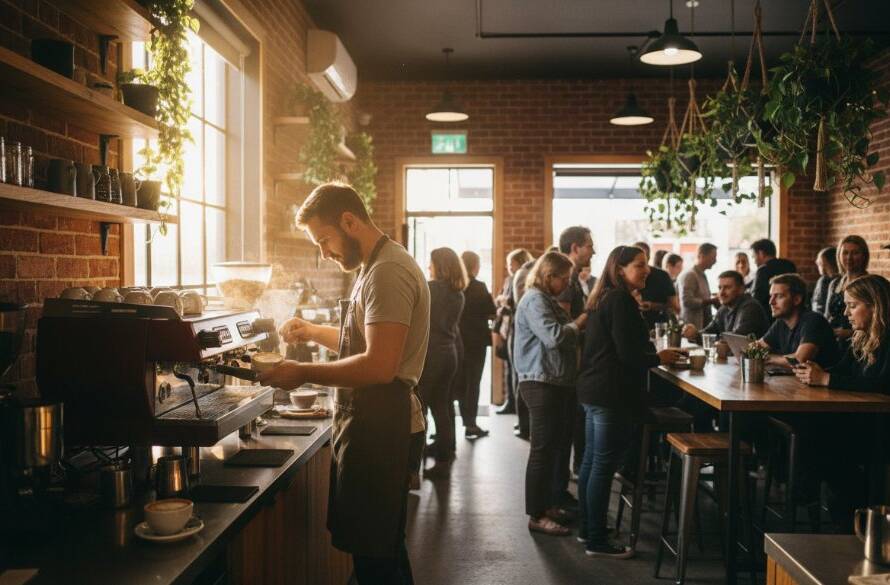 An epic wide-angle shot showcasing a vibrant small business interior in Burnside, Victoria, captured by a premium commercial photography Burnside businesses expert. Dramatic natural light streams through large windows, illuminating a diverse team collaborating enthusiastically, with their premium products elegantly displayed. The scene is professionally colour-graded with warm, inviting tones, highlighting the dynamic energy and modern aesthetic of a thriving local enterprise.