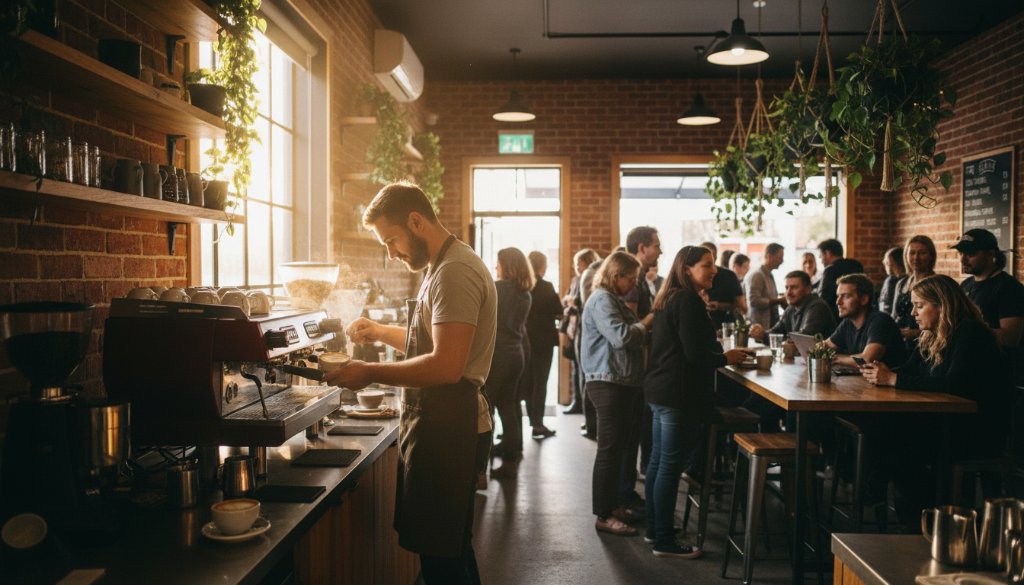 An epic wide-angle shot showcasing a vibrant small business interior in Burnside, Victoria, captured by a premium commercial photography Burnside businesses expert. Dramatic natural light streams through large windows, illuminating a diverse team collaborating enthusiastically, with their premium products elegantly displayed. The scene is professionally colour-graded with warm, inviting tones, highlighting the dynamic energy and modern aesthetic of a thriving local enterprise.
