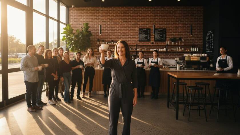 An epic, dramatically lit photograph showing a successful local business owner in Caroline Springs celebrating a product launch in a modern, stylish office space, surrounded by their team, embodying the success achieved through premium commercial photography Caroline Springs for branding success.