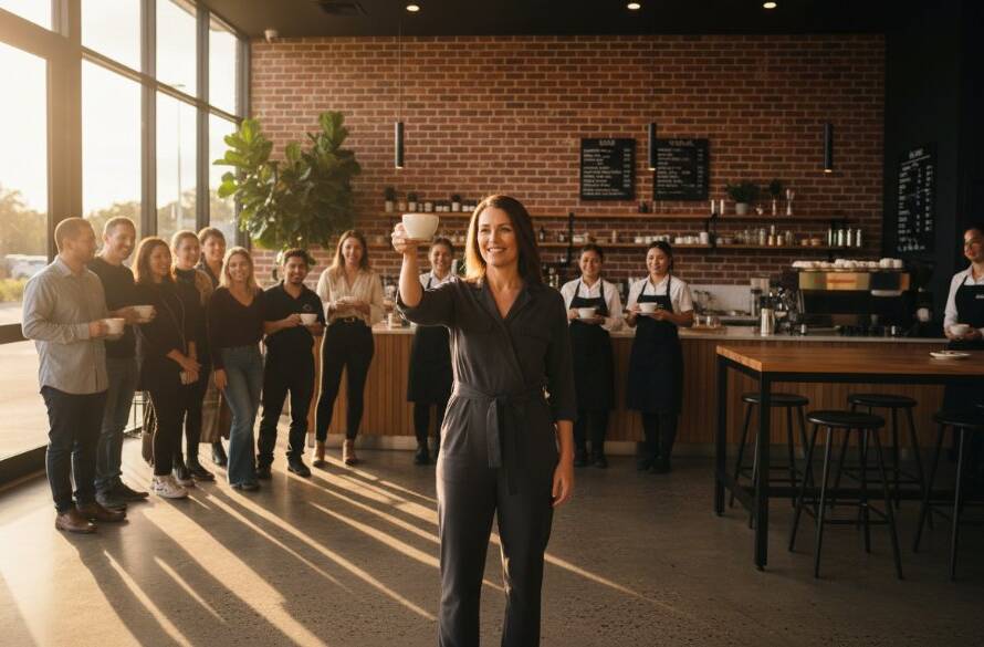 An epic, dramatically lit photograph showing a successful local business owner in Caroline Springs celebrating a product launch in a modern, stylish office space, surrounded by their team, embodying the success achieved through premium commercial photography Caroline Springs for branding success.
