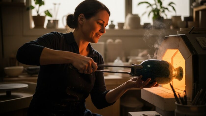 A stunning, professionally lit photograph of an artisan ceramicist in Manifold Heights carefully removing a perfectly glazed vase from a kiln, embodying the 'Premium Commercial Photography Manifold Heights for Geelong Brands' quality, with dramatic light highlighting the craft and focus.
