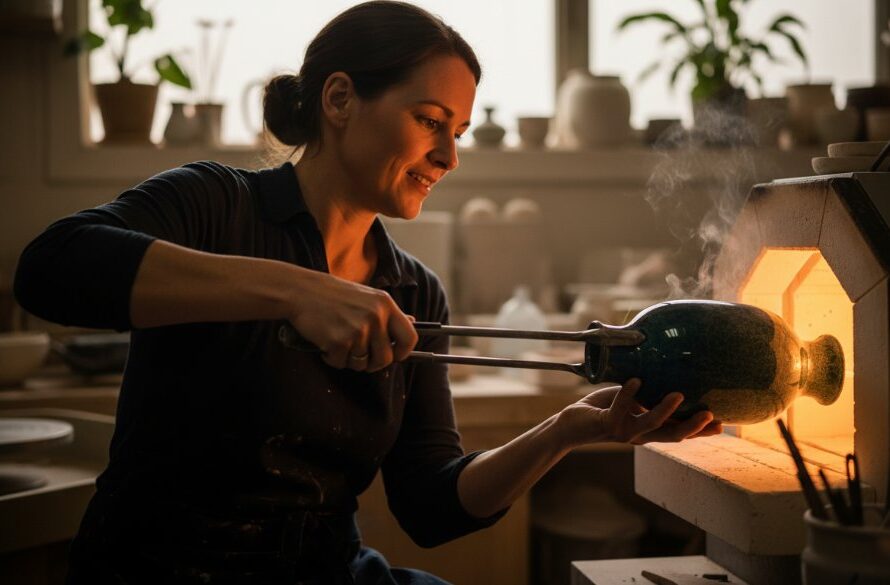 A stunning, professionally lit photograph of an artisan ceramicist in Manifold Heights carefully removing a perfectly glazed vase from a kiln, embodying the 'Premium Commercial Photography Manifold Heights for Geelong Brands' quality, with dramatic light highlighting the craft and focus.