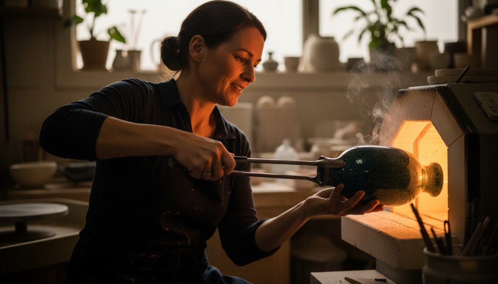 A stunning, professionally lit photograph of an artisan ceramicist in Manifold Heights carefully removing a perfectly glazed vase from a kiln, embodying the 'Premium Commercial Photography Manifold Heights for Geelong Brands' quality, with dramatic light highlighting the craft and focus.