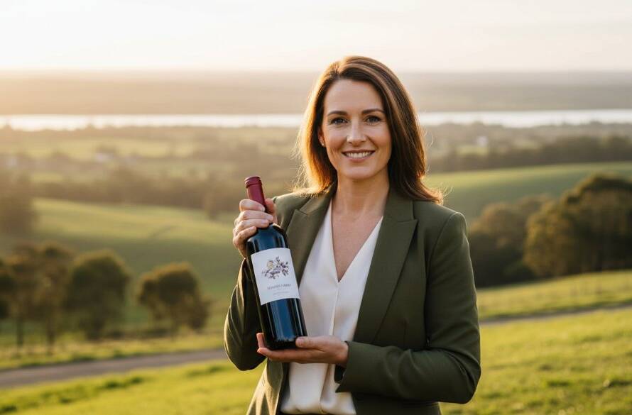 An epic moment captured in Wonga Park: a local vineyard owner proudly presenting a bottle of wine, bathed in golden hour light, with rolling hills and the Yarra River in the background, showcasing premium commercial photography for Wonga Park businesses.