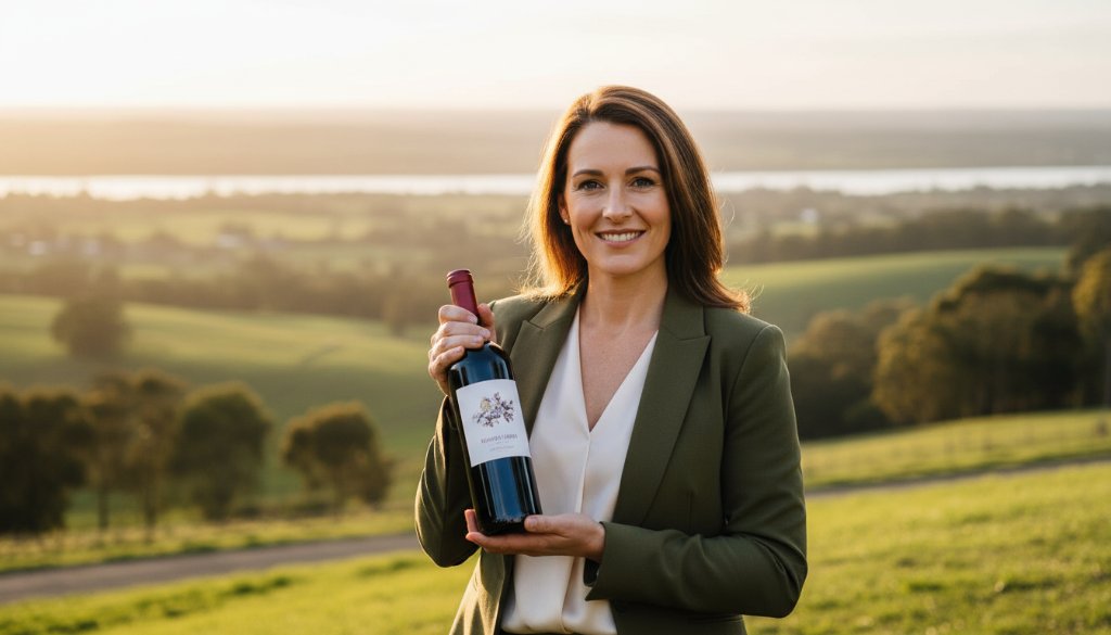 An epic moment captured in Wonga Park: a local vineyard owner proudly presenting a bottle of wine, bathed in golden hour light, with rolling hills and the Yarra River in the background, showcasing premium commercial photography for Wonga Park businesses.