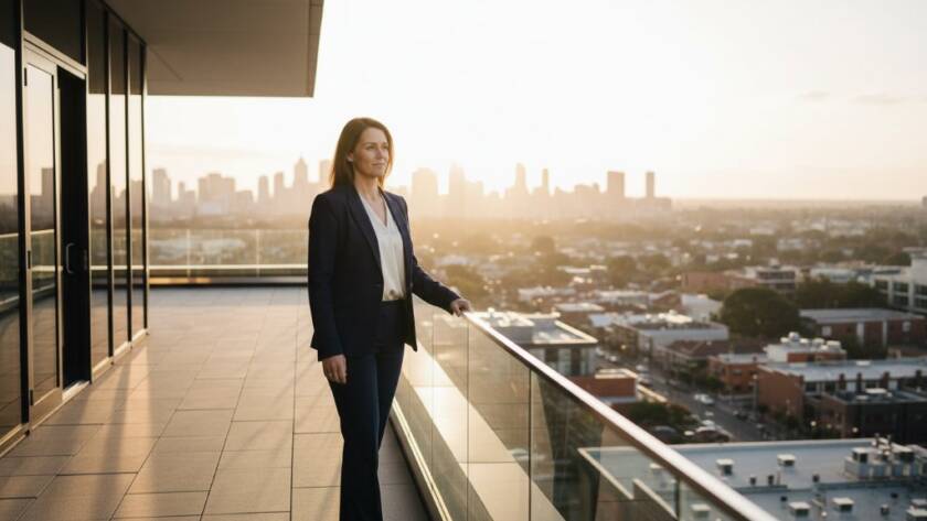 A dramatic, cinematic wide shot of a successful business professional, mid-stride, smiling confidently in front of a modern glass office building in Bentleigh East, Victoria, bathed in the golden hour light, conveying a sense of dynamic leadership and achievement. This premium corporate headshots Bentleigh East businesses hero image captures an epic moment of corporate excellence.