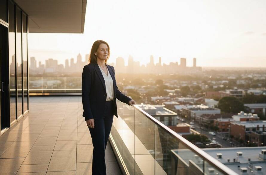 A dramatic, cinematic wide shot of a successful business professional, mid-stride, smiling confidently in front of a modern glass office building in Bentleigh East, Victoria, bathed in the golden hour light, conveying a sense of dynamic leadership and achievement. This premium corporate headshots Bentleigh East businesses hero image captures an epic moment of corporate excellence.