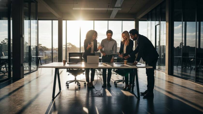 Dynamic, cinematic shot featuring a diverse team of professionals collaborating in a modern Keysborough office, bathed in dramatic natural light, capturing the essence of premium corporate photography Keysborough for impactful branding.