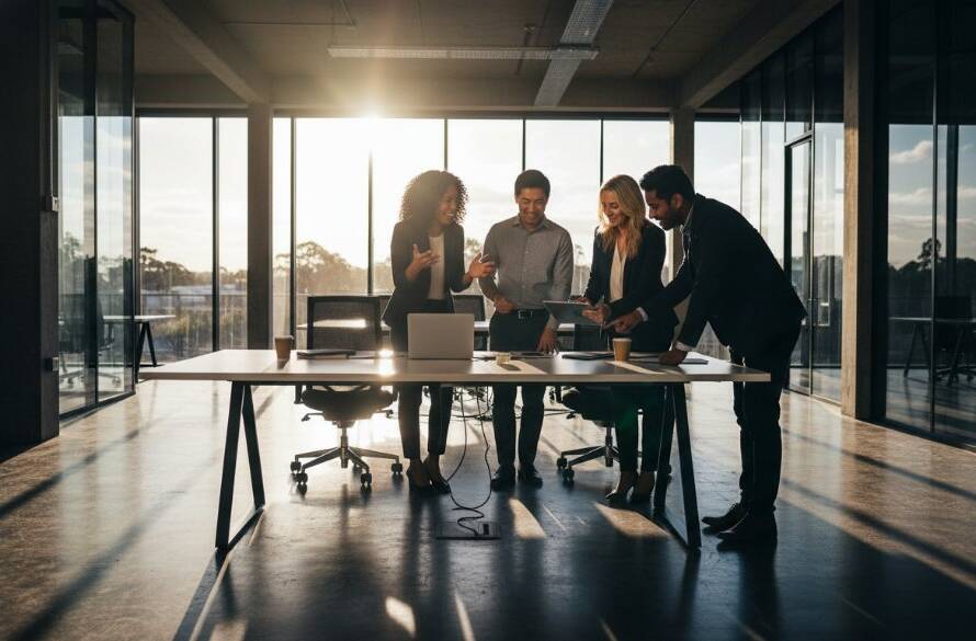 Dynamic, cinematic shot featuring a diverse team of professionals collaborating in a modern Keysborough office, bathed in dramatic natural light, capturing the essence of premium corporate photography Keysborough for impactful branding.