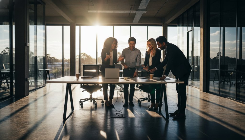 Dynamic, cinematic shot featuring a diverse team of professionals collaborating in a modern Keysborough office, bathed in dramatic natural light, capturing the essence of premium corporate photography Keysborough for impactful branding.