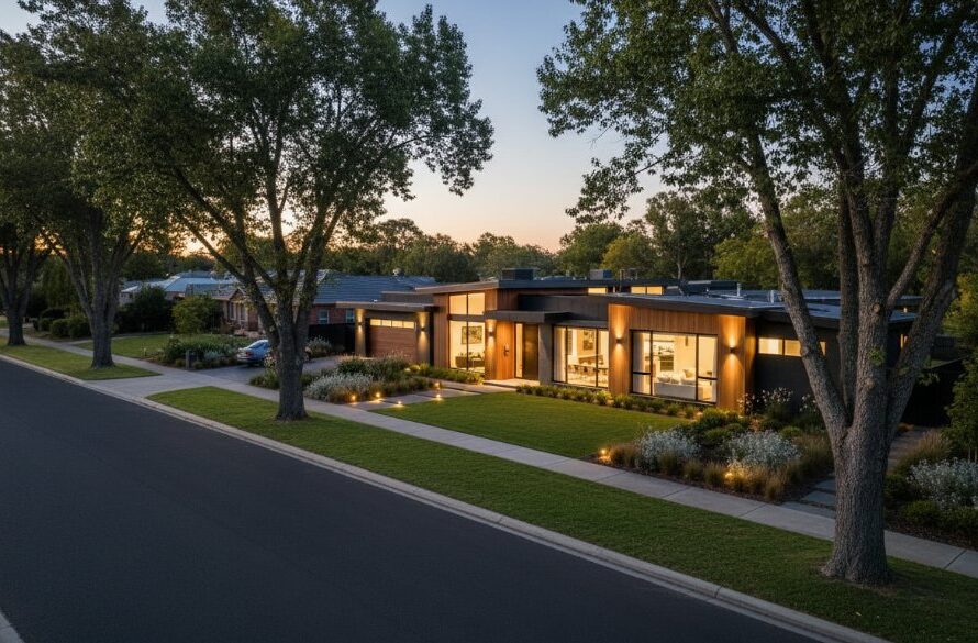 An aerial view showcasing a stunning modern home in Moe, Victoria, at sunset, with warm interior lights glowing, highlighting the premium Moe VIC property photography for faster sales and capturing its inviting appeal.