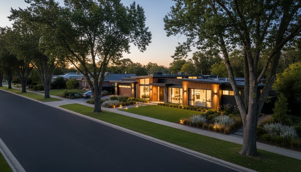An aerial view showcasing a stunning modern home in Moe, Victoria, at sunset, with warm interior lights glowing, highlighting the premium Moe VIC property photography for faster sales and capturing its inviting appeal.