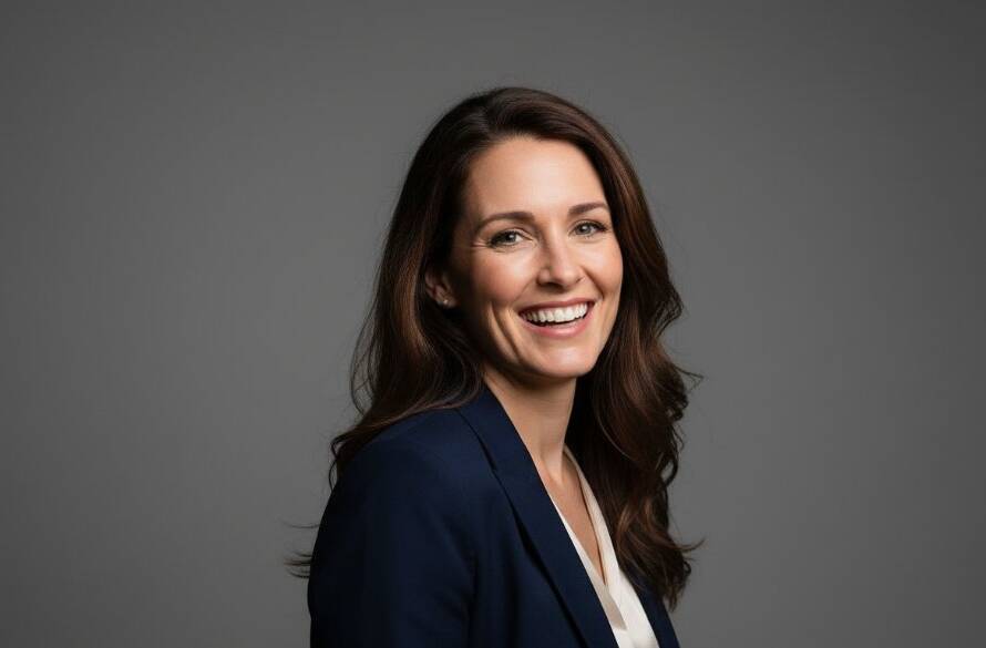A powerful, cinematic portrait capturing a professional woman's confident smile in a modern studio setting, showcasing premium Nunawading studio photography for captivating personal brands. The dramatic lighting highlights her determination against a sleek grey backdrop, radiating success and approachability.