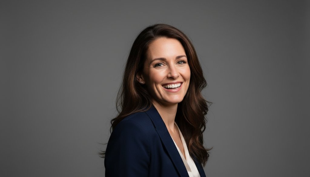 A powerful, cinematic portrait capturing a professional woman's confident smile in a modern studio setting, showcasing premium Nunawading studio photography for captivating personal brands. The dramatic lighting highlights her determination against a sleek grey backdrop, radiating success and approachability.