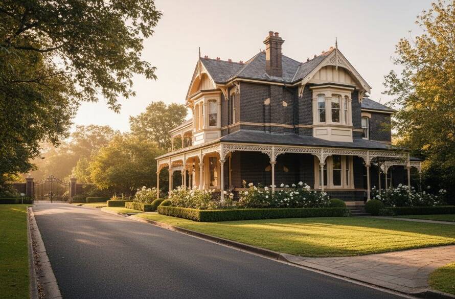 An epic golden hour shot of a sprawling, charming Victorian-style home in Park Orchards, perfectly showcasing its architectural beauty and lush gardens through premium Park Orchards real estate photography, bathed in dramatic light.
