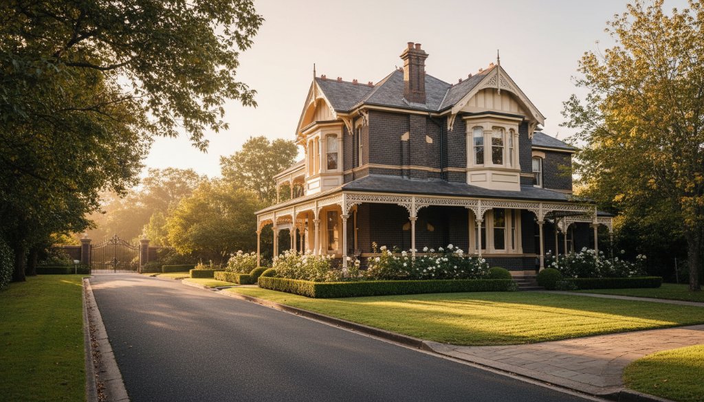 An epic golden hour shot of a sprawling, charming Victorian-style home in Park Orchards, perfectly showcasing its architectural beauty and lush gardens through premium Park Orchards real estate photography, bathed in dramatic light.