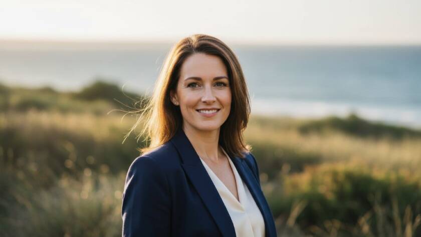 Dramatic and inspiring shot capturing a business professional's confident expression during a premium professional headshots Chelsea Victoria session, with soft, golden hour light filtering through coastal foliage near Chelsea beach, conveying strength and approachability.