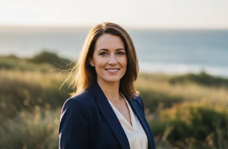 Dramatic and inspiring shot capturing a business professional's confident expression during a premium professional headshots Chelsea Victoria session, with soft, golden hour light filtering through coastal foliage near Chelsea beach, conveying strength and approachability.