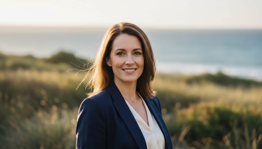 Dramatic and inspiring shot capturing a business professional's confident expression during a premium professional headshots Chelsea Victoria session, with soft, golden hour light filtering through coastal foliage near Chelsea beach, conveying strength and approachability.
