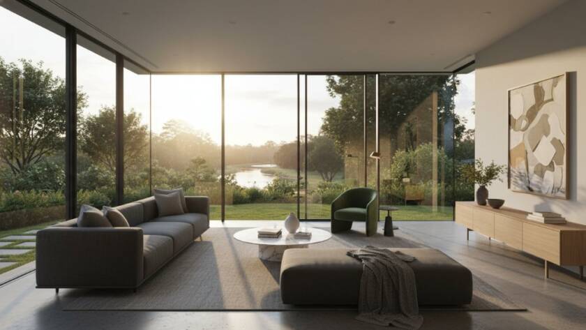 An epic, professionally colour-graded photograph showcasing the luxurious interior of a modern Victorian home in Avondale Heights, bathed in dramatic golden hour light, highlighting the spacious living area and garden vista, captured through premium real estate photography techniques.