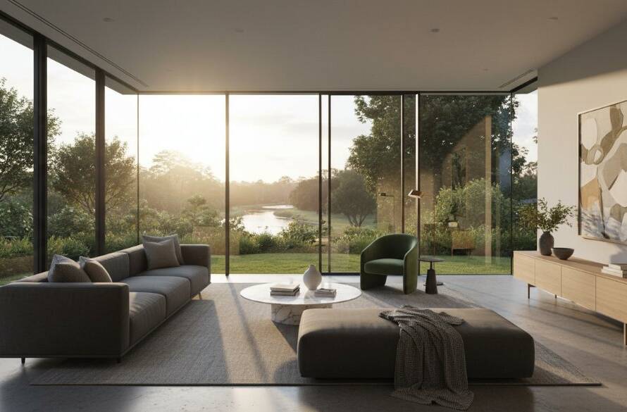 An epic, professionally colour-graded photograph showcasing the luxurious interior of a modern Victorian home in Avondale Heights, bathed in dramatic golden hour light, highlighting the spacious living area and garden vista, captured through premium real estate photography techniques.