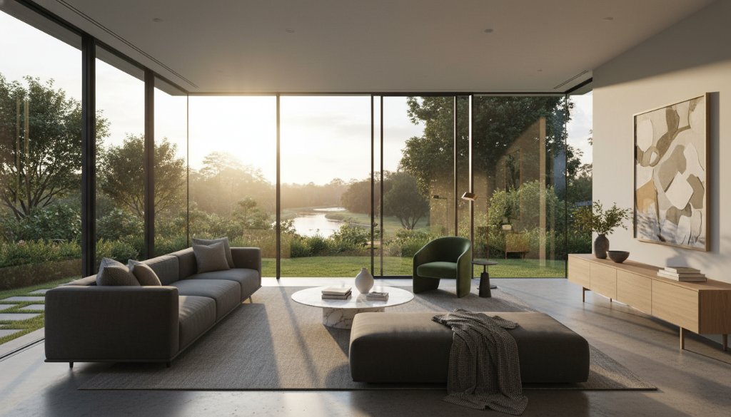 An epic, professionally colour-graded photograph showcasing the luxurious interior of a modern Victorian home in Avondale Heights, bathed in dramatic golden hour light, highlighting the spacious living area and garden vista, captured through premium real estate photography techniques.