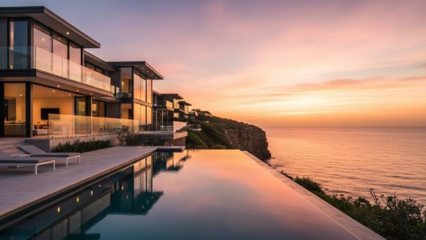 A stunning 'epic moment' photograph capturing a luxury coastal home in Black Rock Victoria at sunrise, showcasing the seamless indoor-outdoor living, with light reflecting off the ocean, emphasizing premium real estate photography Black Rock Victoria for coastal homes.