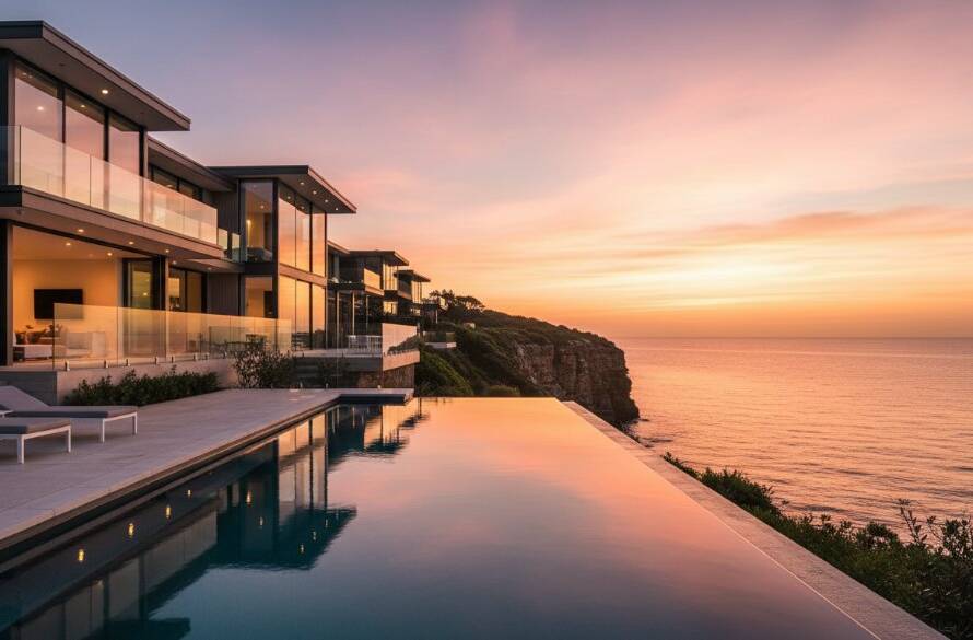 A stunning 'epic moment' photograph capturing a luxury coastal home in Black Rock Victoria at sunrise, showcasing the seamless indoor-outdoor living, with light reflecting off the ocean, emphasizing premium real estate photography Black Rock Victoria for coastal homes.