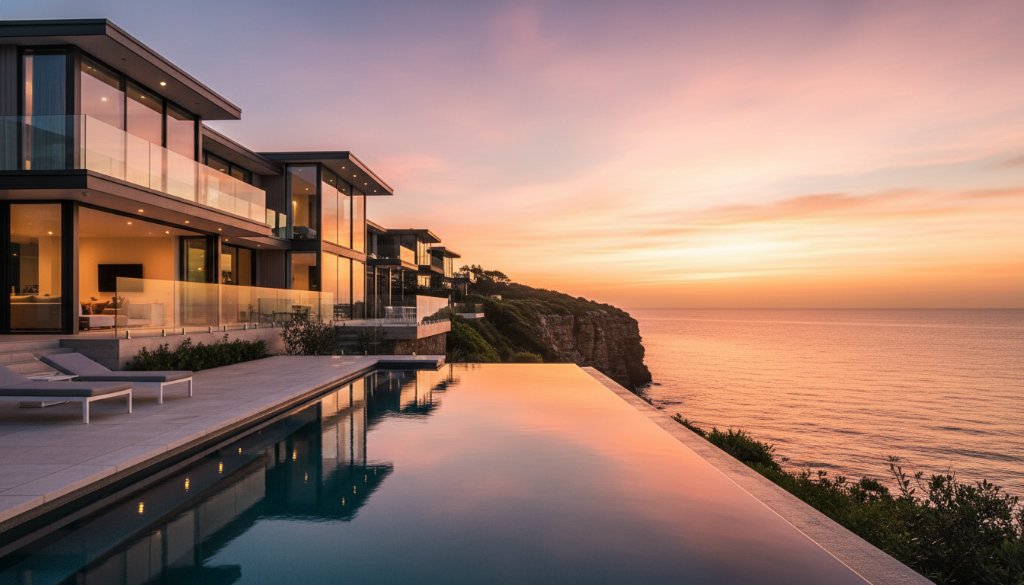 A stunning 'epic moment' photograph capturing a luxury coastal home in Black Rock Victoria at sunrise, showcasing the seamless indoor-outdoor living, with light reflecting off the ocean, emphasizing premium real estate photography Black Rock Victoria for coastal homes.
