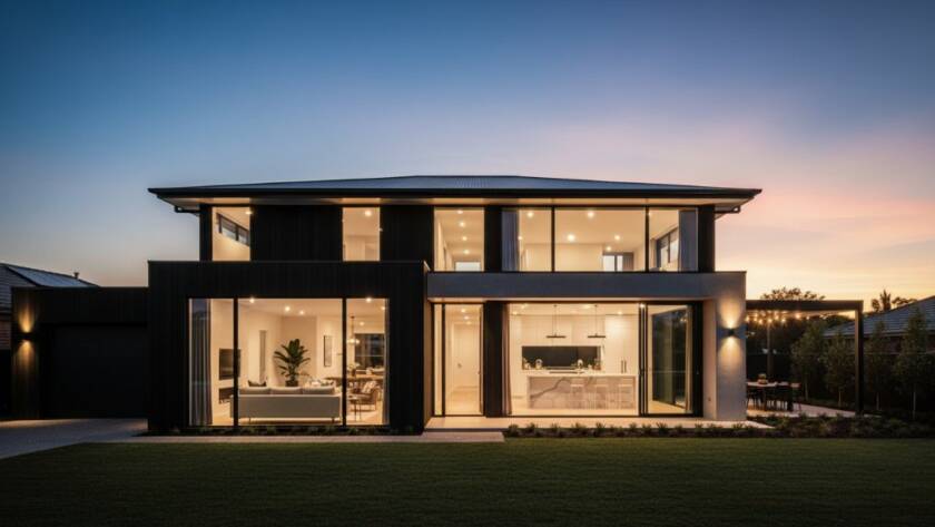 Dramatic twilight shot showcasing a modern family home in Blackburn North, Victoria, with warm interior lights glowing, perfectly illustrating premium real estate photography Blackburn North's impact.