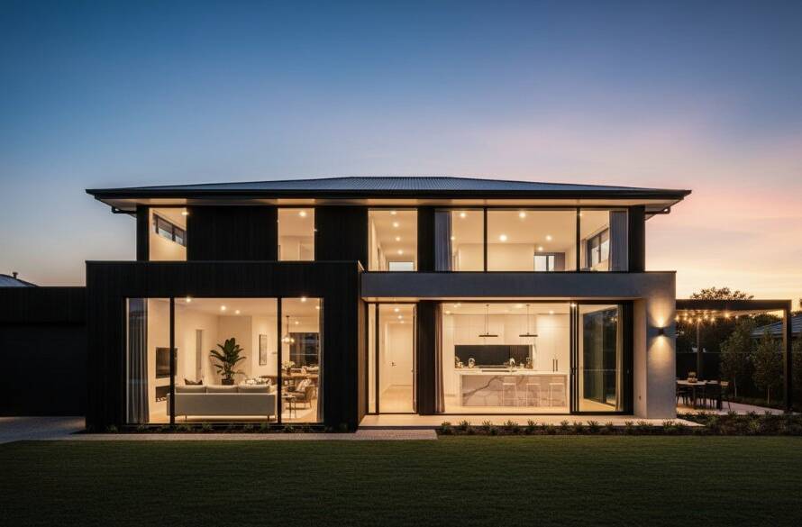 Dramatic twilight shot showcasing a modern family home in Blackburn North, Victoria, with warm interior lights glowing, perfectly illustrating premium real estate photography Blackburn North's impact.