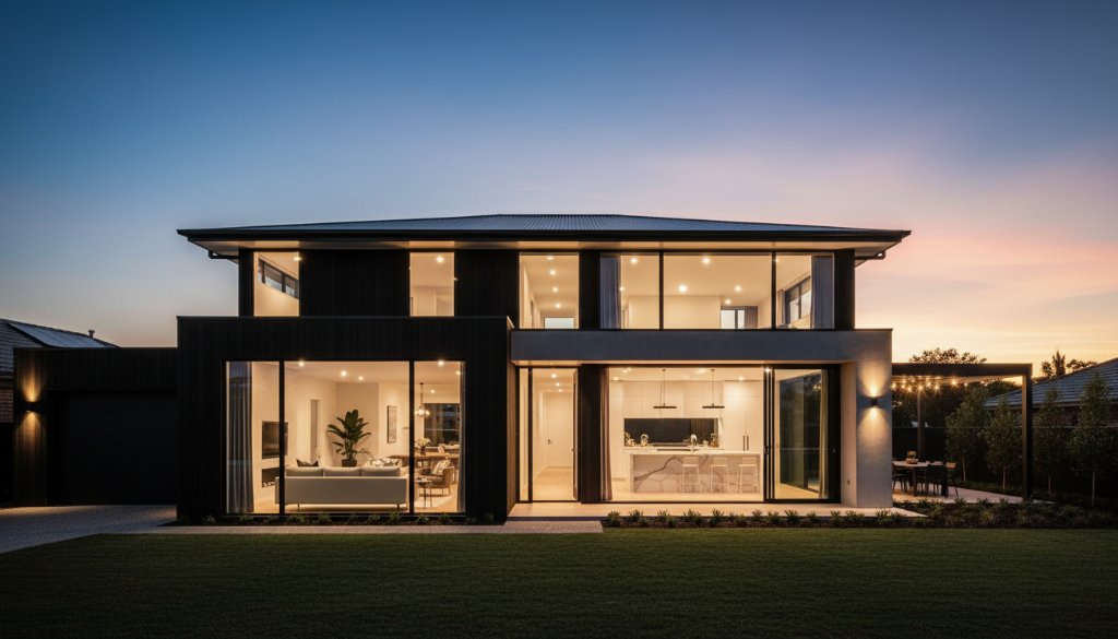 Dramatic twilight shot showcasing a modern family home in Blackburn North, Victoria, with warm interior lights glowing, perfectly illustrating premium real estate photography Blackburn North's impact.