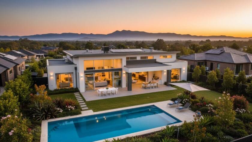 A breathtaking aerial shot showcasing a beautifully lit modern family home in Cranbourne East at twilight, capturing its vibrant garden and inviting warmth, perfectly representing premium real estate photography Cranbourne East vibrant homes.