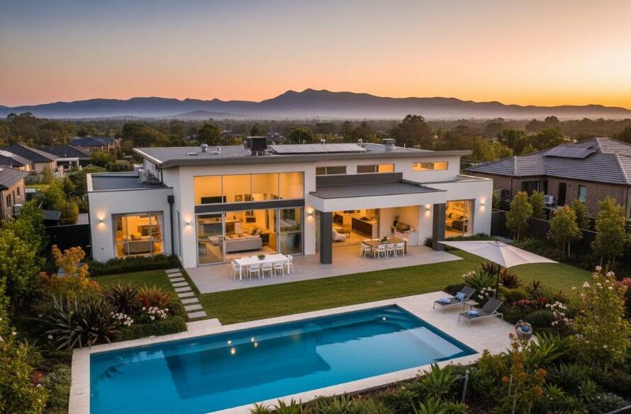 A breathtaking aerial shot showcasing a beautifully lit modern family home in Cranbourne East at twilight, capturing its vibrant garden and inviting warmth, perfectly representing premium real estate photography Cranbourne East vibrant homes.