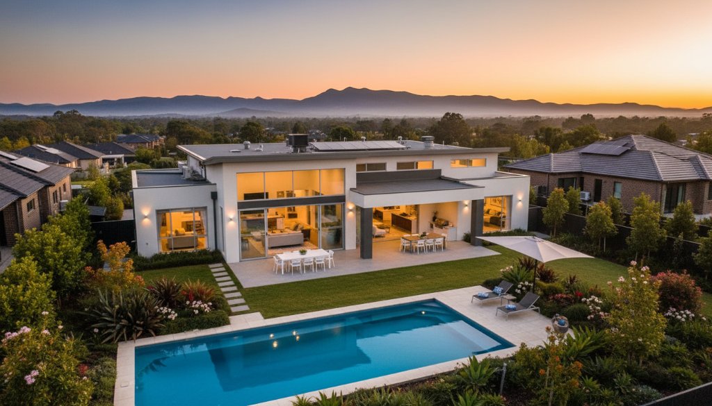 A breathtaking aerial shot showcasing a beautifully lit modern family home in Cranbourne East at twilight, capturing its vibrant garden and inviting warmth, perfectly representing premium real estate photography Cranbourne East vibrant homes.