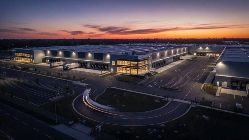 An aerial long-exposure photograph at dusk capturing the impressive scale and modern design of a large industrial warehouse in Dandenong South, illuminated by exterior lights, conveying the quality of premium real estate photography Dandenong South industrial.