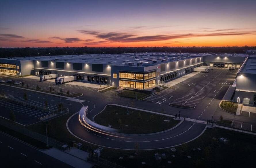 An aerial long-exposure photograph at dusk capturing the impressive scale and modern design of a large industrial warehouse in Dandenong South, illuminated by exterior lights, conveying the quality of premium real estate photography Dandenong South industrial.