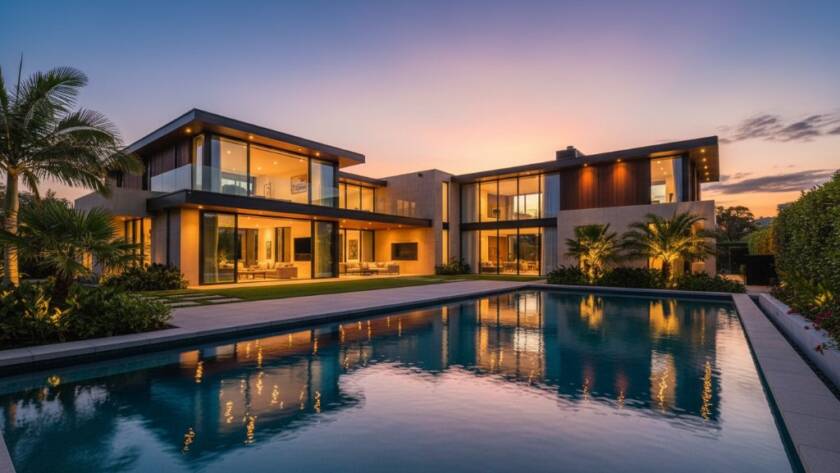 An exquisite twilight photograph showcasing a modern Donvale luxury property with expansive glass, a sparkling infinity pool, and vibrant garden lighting, emphasizing the premium real estate photography Donvale luxury listings experience at dusk, with professional colour grading.