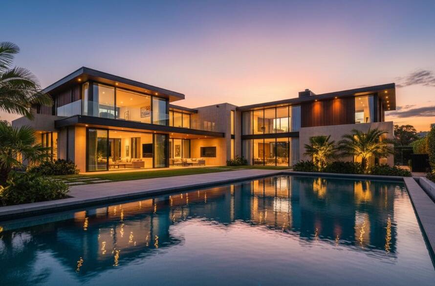 An exquisite twilight photograph showcasing a modern Donvale luxury property with expansive glass, a sparkling infinity pool, and vibrant garden lighting, emphasizing the premium real estate photography Donvale luxury listings experience at dusk, with professional colour grading.