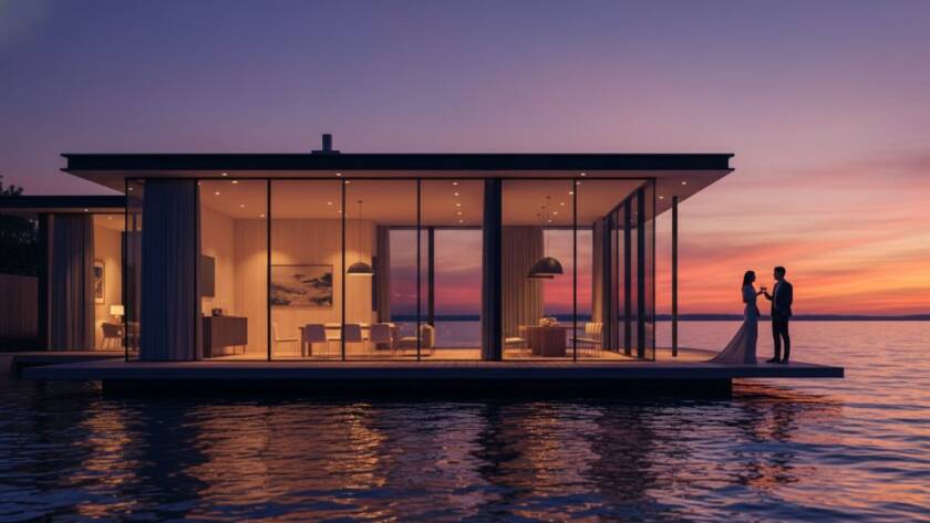 A wide, dramatic shot capturing a luxury waterfront home in Frankston at twilight, with golden hour light reflecting on the calm Port Phillip Bay and the home's illuminated interior, showcasing premium real estate photography Frankston waterfront excellence.